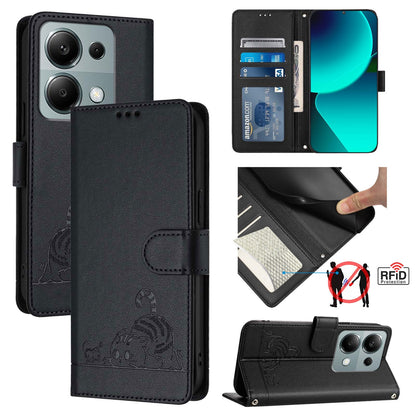 Xiaomi POCO M6 Pro 4G Cat & Rat Embossed RFID Leather Case, Lanyard, Wallet, Card Slots, Kickstand, Anti-Fall, Scratch-Resistant