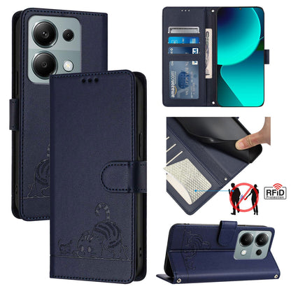 Xiaomi POCO M6 Pro 4G Cat & Rat Embossed RFID Leather Case, Lanyard, Wallet, Card Slots, Kickstand, Anti-Fall, Scratch-Resistant
