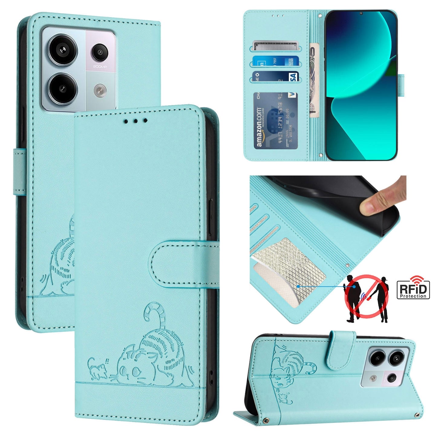 Xiaomi Redmi Note 13 Pro 5G Global Cat & Rat Embossed RFID Leather Case, Lanyard, Wallet, Card Slots, Kickstand, Anti-Fall, Scratch-Resistant