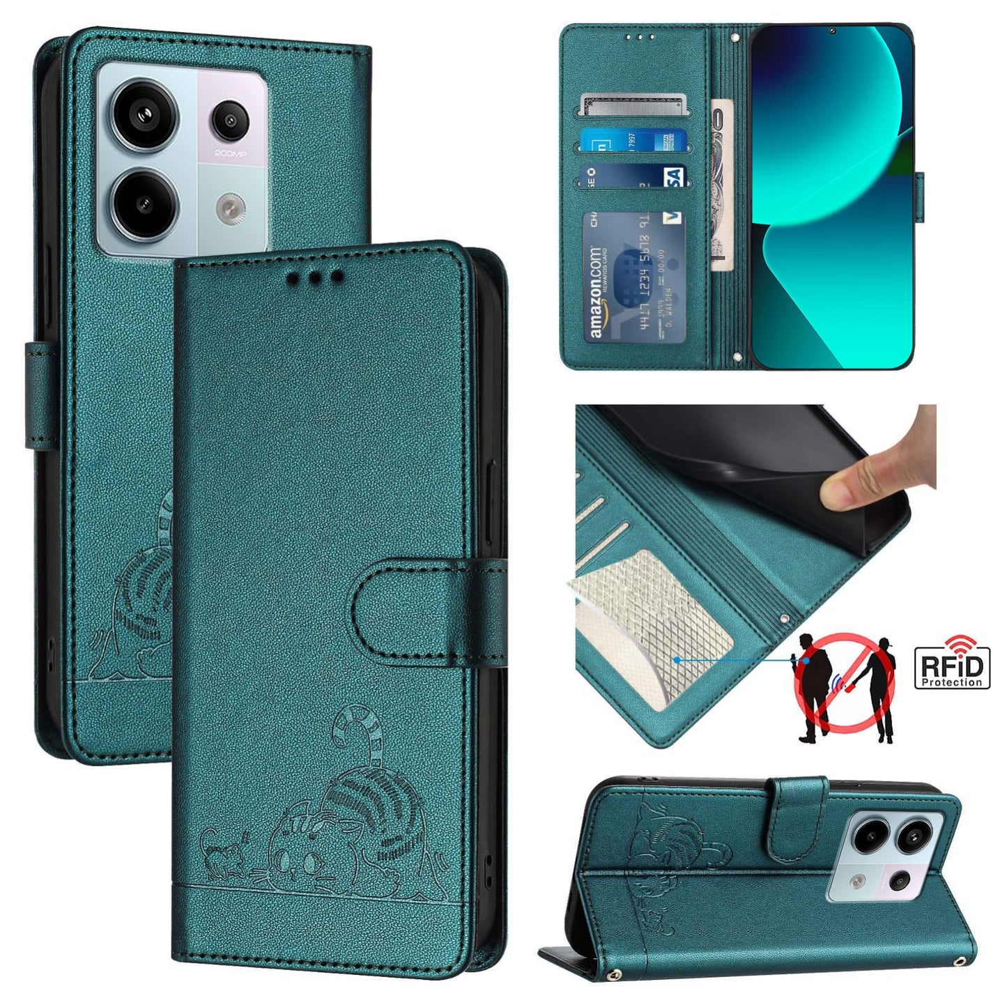 Xiaomi Redmi Note 13 Pro 5G Global Cat & Rat Embossed RFID Leather Case, Lanyard, Wallet, Card Slots, Kickstand, Anti-Fall, Scratch-Resistant