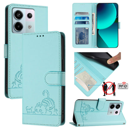 Xiaomi POCO X6 5G Global Cat & Rat Embossed RFID Leather Case, Lanyard, Wallet, Card Slots, Kickstand, Anti-Fall, Scratch-Resistant