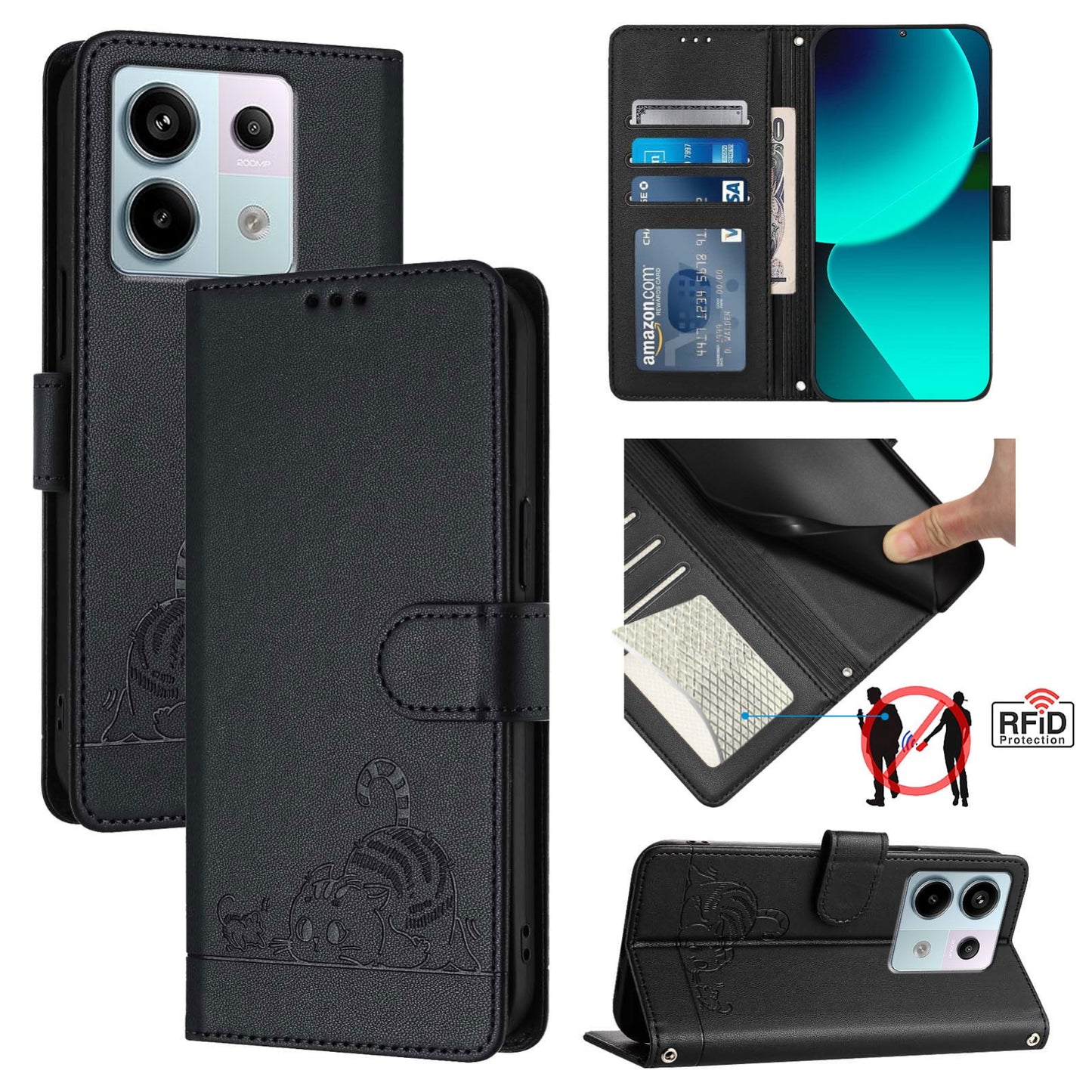 Xiaomi POCO X6 5G Global Cat & Rat Embossed RFID Leather Case, Lanyard, Wallet, Card Slots, Kickstand, Anti-Fall, Scratch-Resistant