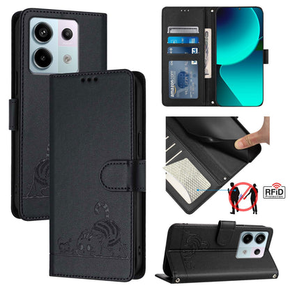 Xiaomi POCO X6 5G Global Cat & Rat Embossed RFID Leather Case, Lanyard, Wallet, Card Slots, Kickstand, Anti-Fall, Scratch-Resistant