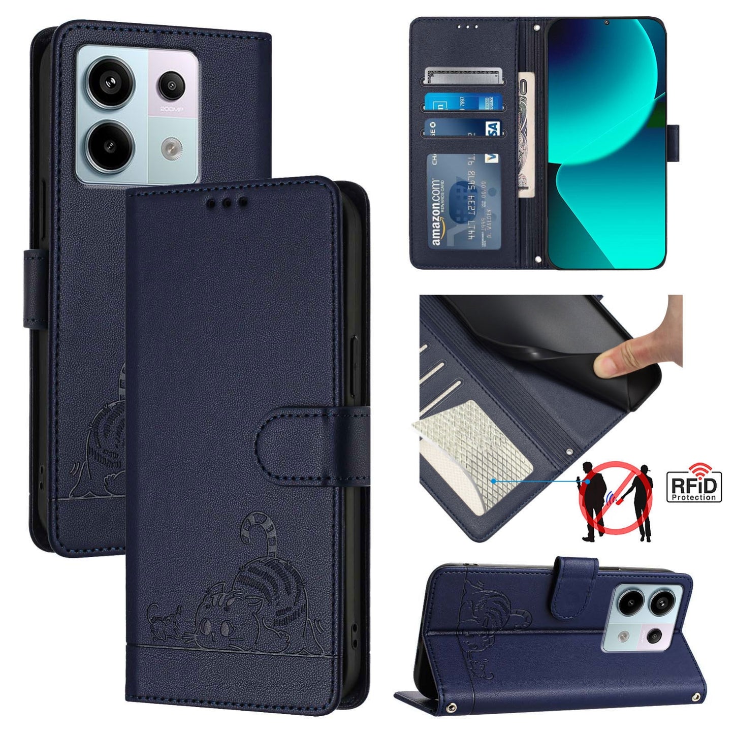Xiaomi POCO X6 5G Global Cat & Rat Embossed RFID Leather Case, Lanyard, Wallet, Card Slots, Kickstand, Anti-Fall, Scratch-Resistant