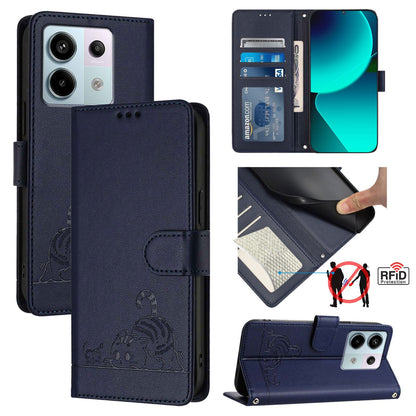 Xiaomi POCO X6 5G Global Cat & Rat Embossed RFID Leather Case, Lanyard, Wallet, Card Slots, Kickstand, Anti-Fall, Scratch-Resistant