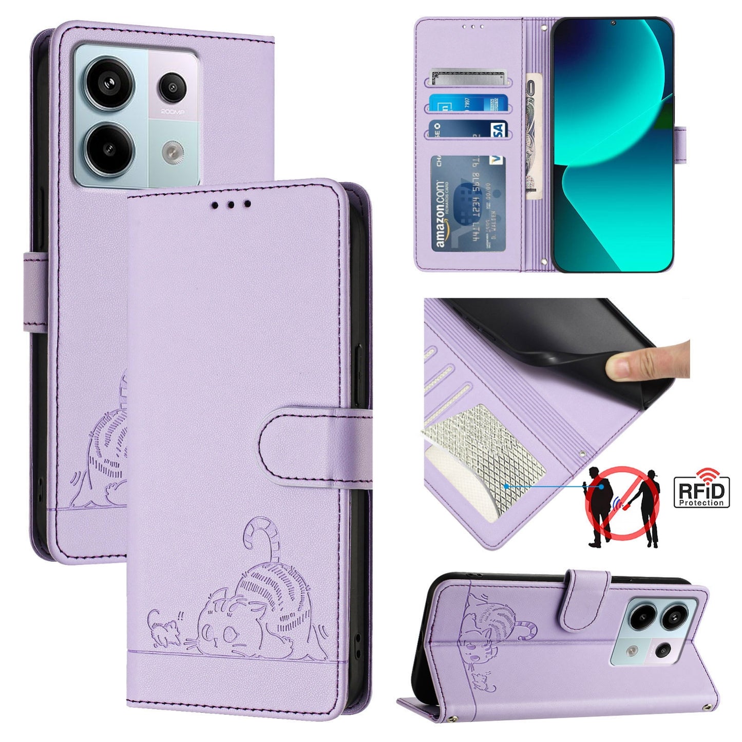 Xiaomi POCO X6 5G Global Cat & Rat Embossed RFID Leather Case, Lanyard, Wallet, Card Slots, Kickstand, Anti-Fall, Scratch-Resistant