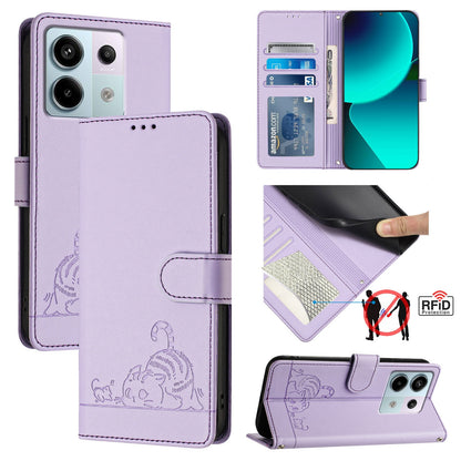 Xiaomi POCO X6 5G Global Cat & Rat Embossed RFID Leather Case, Lanyard, Wallet, Card Slots, Kickstand, Anti-Fall, Scratch-Resistant