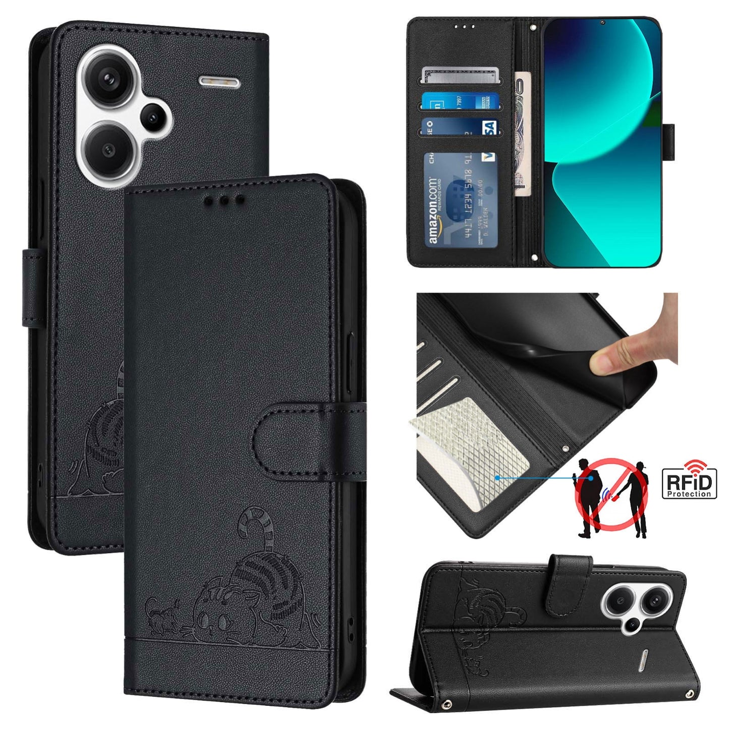 Xiaomi Redmi Note 13 Pro+ 5G Global Cat & Rat Embossed RFID Leather Case, Lanyard, Wallet, Card Slots, Kickstand, Anti-Fall, Scratch-Resistant