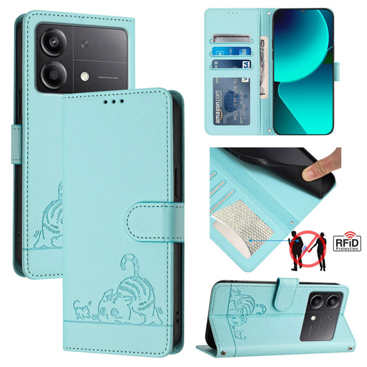 Xiaomi POCO X6 Neo 5G Global Cat & Rat Embossed RFID Leather Case, Lanyard, Wallet, Card Slots, Kickstand, Anti-Fall, Scratch-Resistant