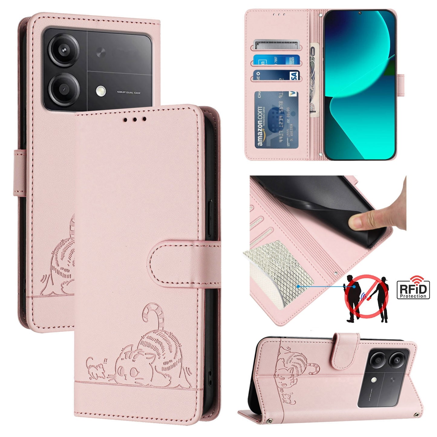Xiaomi POCO X6 Neo 5G Global Cat & Rat Embossed RFID Leather Case, Lanyard, Wallet, Card Slots, Kickstand, Anti-Fall, Scratch-Resistant