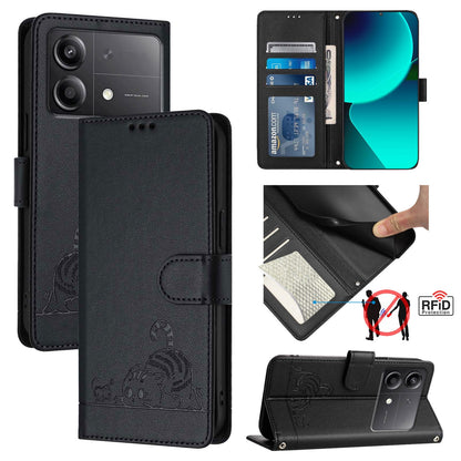 Xiaomi POCO X6 Neo 5G Global Cat & Rat Embossed RFID Leather Case, Lanyard, Wallet, Card Slots, Kickstand, Anti-Fall, Scratch-Resistant