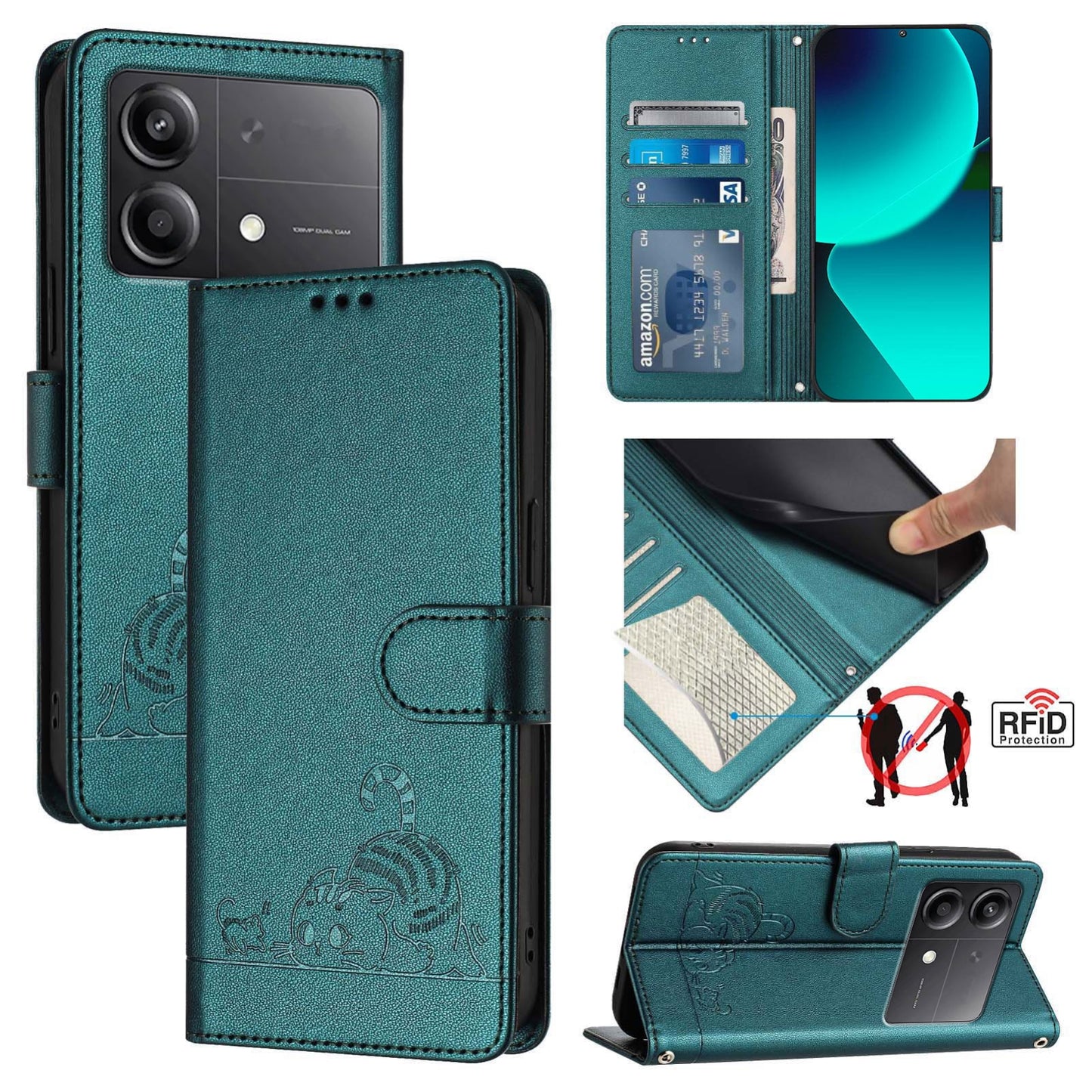 Xiaomi POCO X6 Neo 5G Global Cat & Rat Embossed RFID Leather Case, Lanyard, Wallet, Card Slots, Kickstand, Anti-Fall, Scratch-Resistant