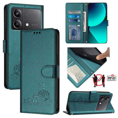 Xiaomi POCO X6 Neo 5G Global Cat & Rat Embossed RFID Leather Case, Lanyard, Wallet, Card Slots, Kickstand, Anti-Fall, Scratch-Resistant