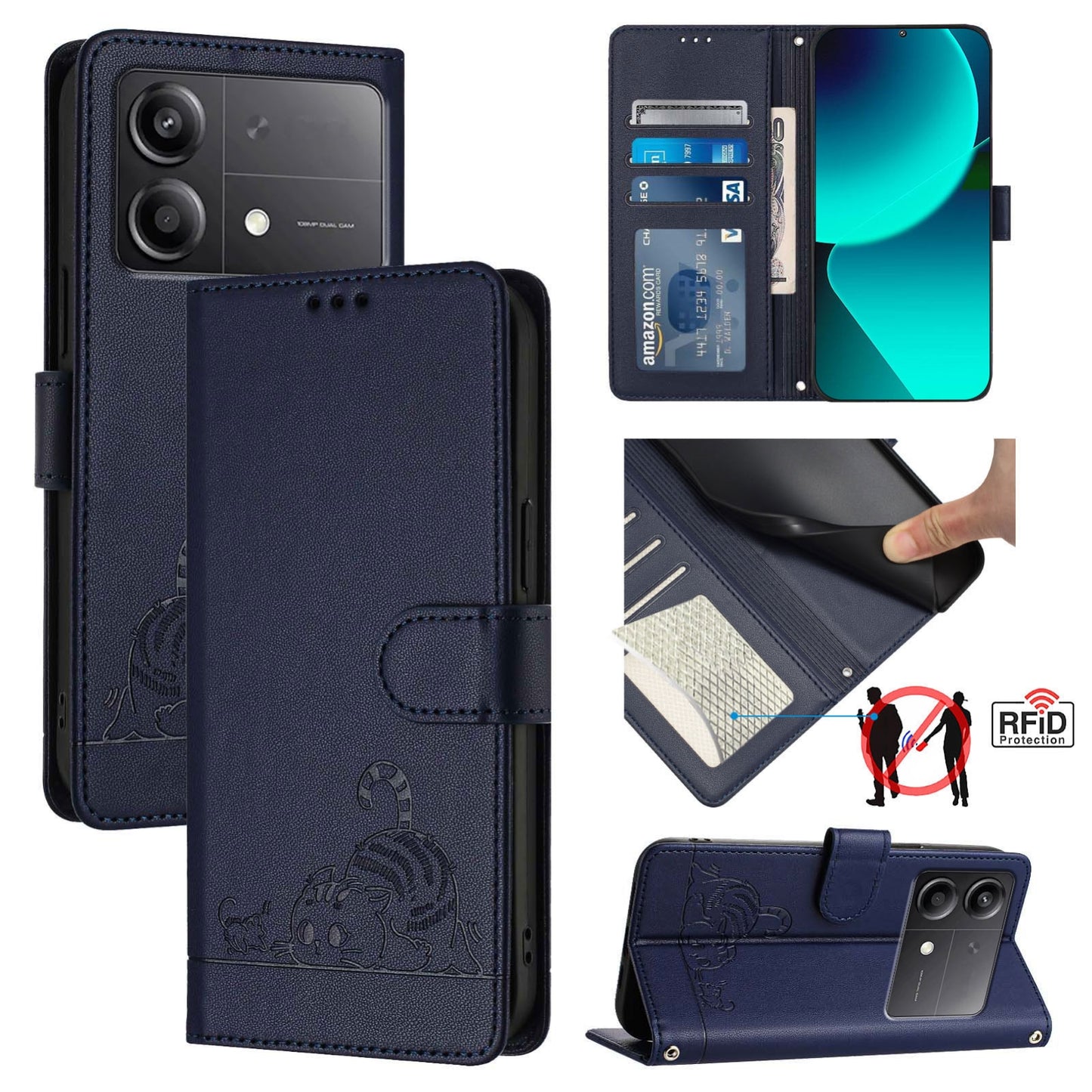 Xiaomi POCO X6 Neo 5G Global Cat & Rat Embossed RFID Leather Case, Lanyard, Wallet, Card Slots, Kickstand, Anti-Fall, Scratch-Resistant