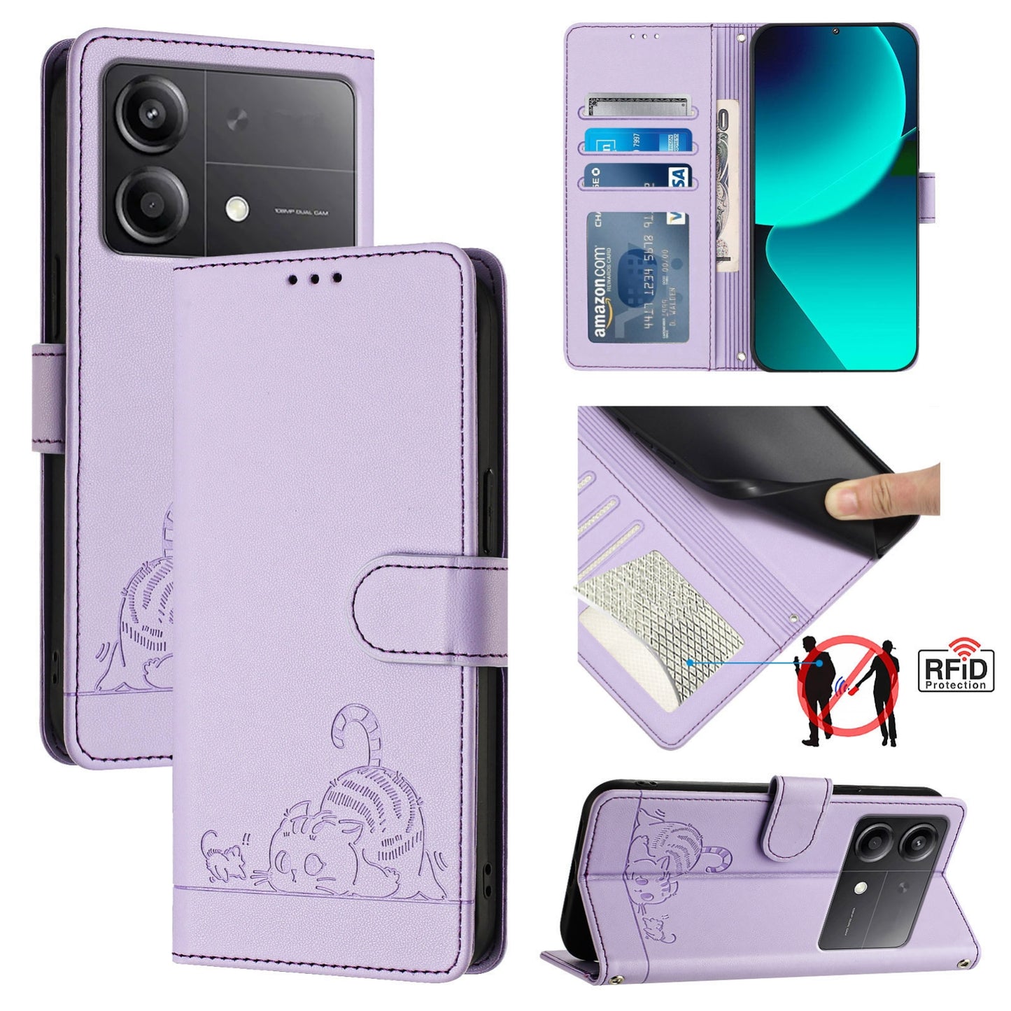 Xiaomi POCO X6 Neo 5G Global Cat & Rat Embossed RFID Leather Case, Lanyard, Wallet, Card Slots, Kickstand, Anti-Fall, Scratch-Resistant