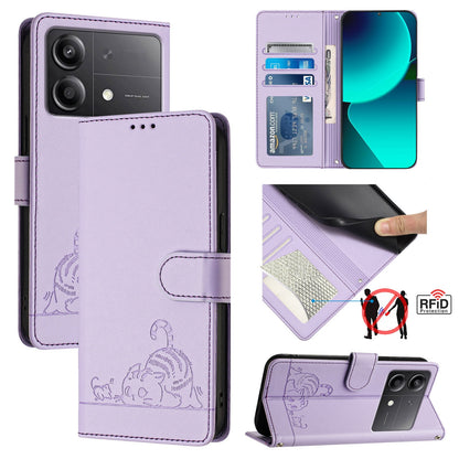 Xiaomi POCO X6 Neo 5G Global Cat & Rat Embossed RFID Leather Case, Lanyard, Wallet, Card Slots, Kickstand, Anti-Fall, Scratch-Resistant