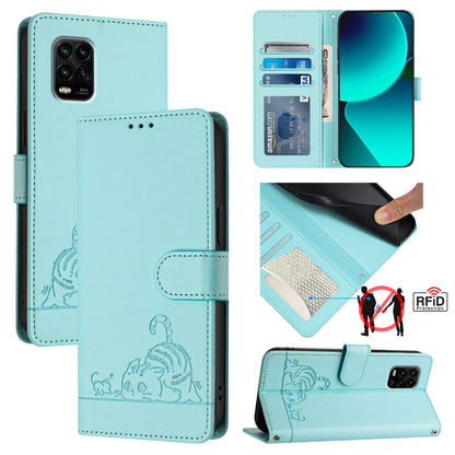Xiaomi Mi 10 Lite Cat & Rat Embossed RFID Leather Case, Lanyard, Wallet, Card Slots, Kickstand, Anti-Fall, Scratch-Resistant