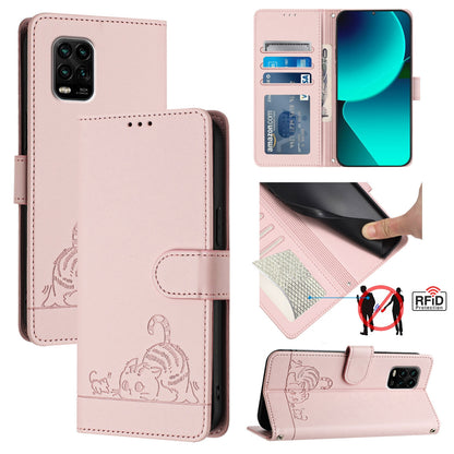 Xiaomi Mi 10 Lite Cat & Rat Embossed RFID Leather Case, Lanyard, Wallet, Card Slots, Kickstand, Anti-Fall, Scratch-Resistant