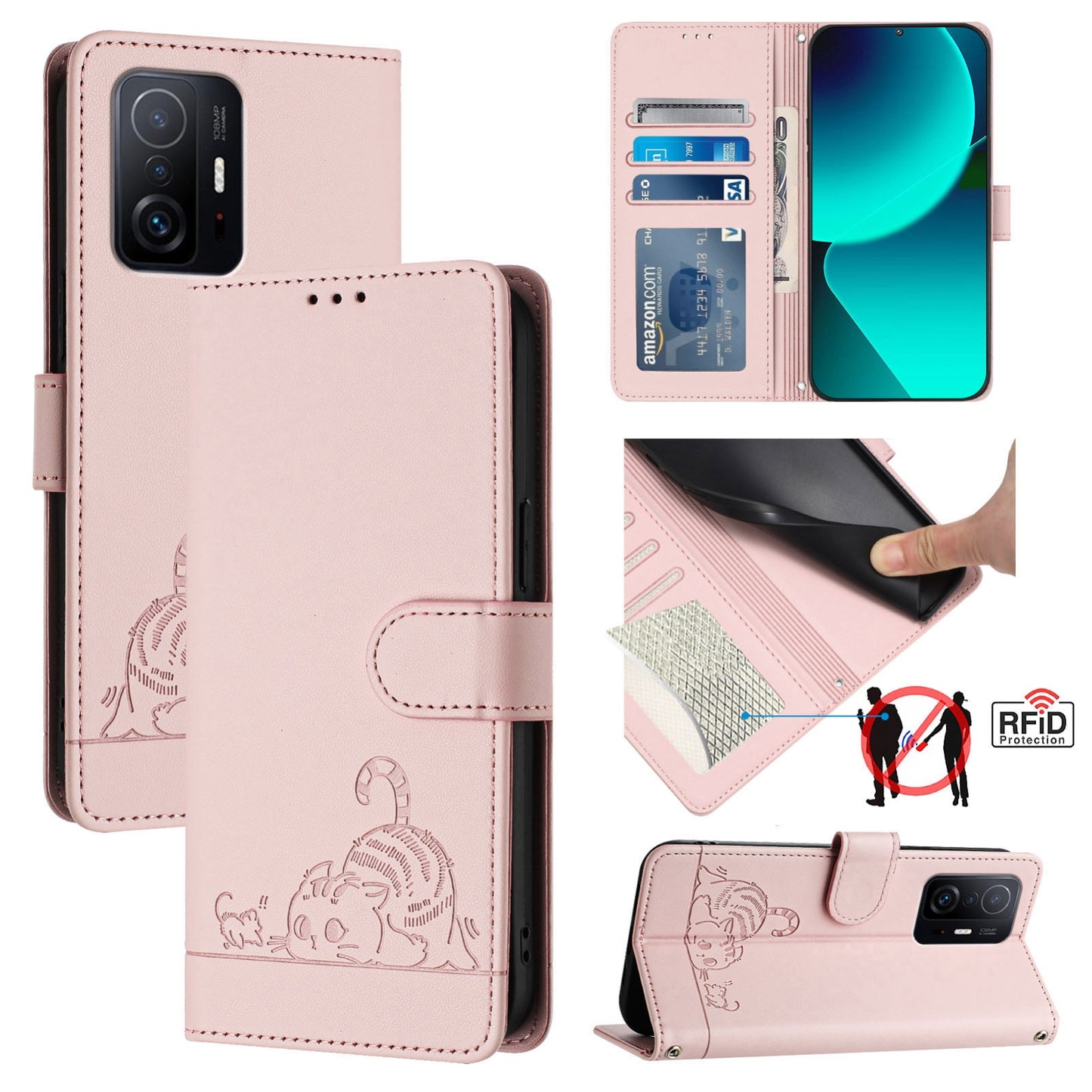 Xiaomi Mi 10T Pro Cat & Rat Embossed RFID Leather Case, Lanyard, Wallet, Card Slots, Kickstand, Anti-Fall, Scratch-Resistant