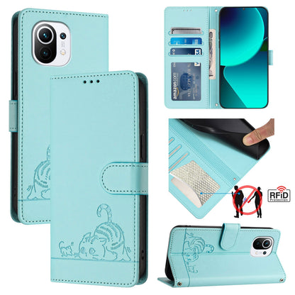 Xiaomi Mi 11 Cat & Rat Embossed RFID Leather Case, Lanyard, Wallet, Card Slots, Kickstand, Anti-Fall, Scratch-Resistant