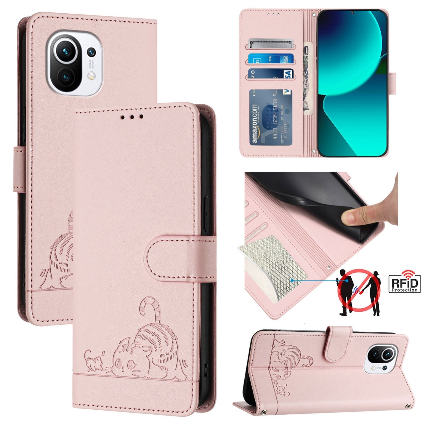 Xiaomi Mi 11 Cat & Rat Embossed RFID Leather Case, Lanyard, Wallet, Card Slots, Kickstand, Anti-Fall, Scratch-Resistant