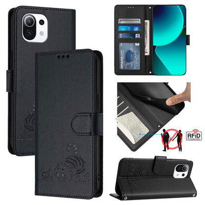 Xiaomi Mi 11 Lite Cat & Rat Embossed RFID Leather Case, Lanyard, Wallet, Card Slots, Kickstand, Anti-Fall, Scratch-Resistant