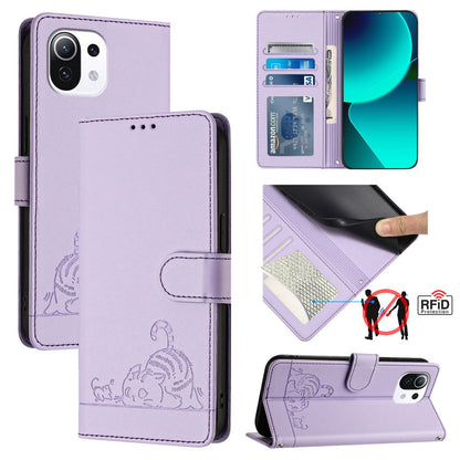 Xiaomi Mi 11 Lite Cat & Rat Embossed RFID Leather Case, Lanyard, Wallet, Card Slots, Kickstand, Anti-Fall, Scratch-Resistant