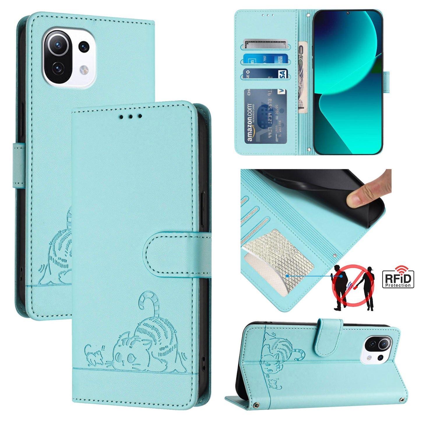 Xiaomi Mi 11 Lite 5G Cat & Rat Embossed RFID Leather Case, Lanyard, Wallet, Card Slots, Kickstand, Anti-Fall, Scratch-Resistant