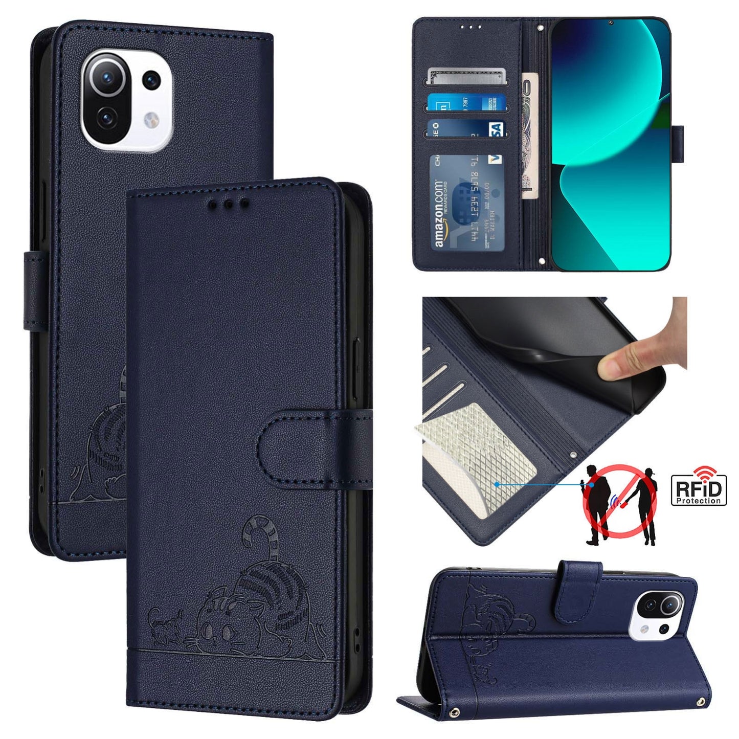 Xiaomi Mi 11 Lite 5G Cat & Rat Embossed RFID Leather Case, Lanyard, Wallet, Card Slots, Kickstand, Anti-Fall, Scratch-Resistant