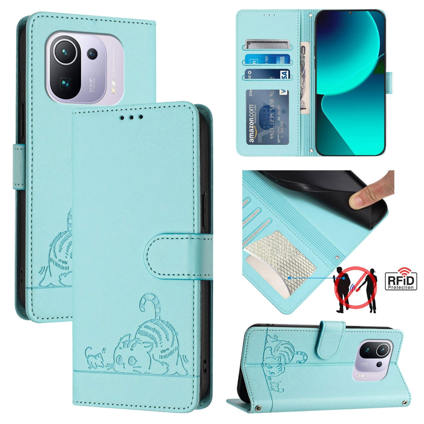 Xiaomi Mi 11 Pro Cat & Rat Embossed RFID Leather Case, Lanyard, Wallet, Card Slots, Kickstand, Anti-Fall, Scratch-Resistant