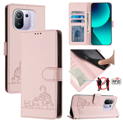Xiaomi Mi 11 Pro Cat & Rat Embossed RFID Leather Case, Lanyard, Wallet, Card Slots, Kickstand, Anti-Fall, Scratch-Resistant
