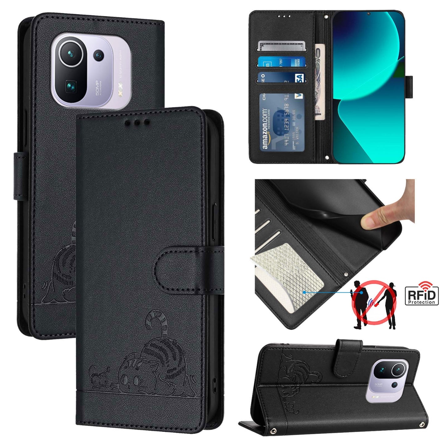 Xiaomi Mi 11 Pro Cat & Rat Embossed RFID Leather Case, Lanyard, Wallet, Card Slots, Kickstand, Anti-Fall, Scratch-Resistant