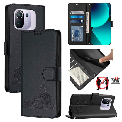 Xiaomi Mi 11 Pro Cat & Rat Embossed RFID Leather Case, Lanyard, Wallet, Card Slots, Kickstand, Anti-Fall, Scratch-Resistant