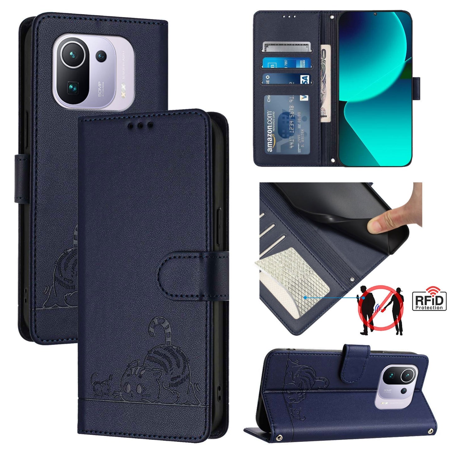 Xiaomi Mi 11 Pro Cat & Rat Embossed RFID Leather Case, Lanyard, Wallet, Card Slots, Kickstand, Anti-Fall, Scratch-Resistant