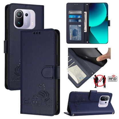 Xiaomi Mi 11 Pro Cat & Rat Embossed RFID Leather Case, Lanyard, Wallet, Card Slots, Kickstand, Anti-Fall, Scratch-Resistant