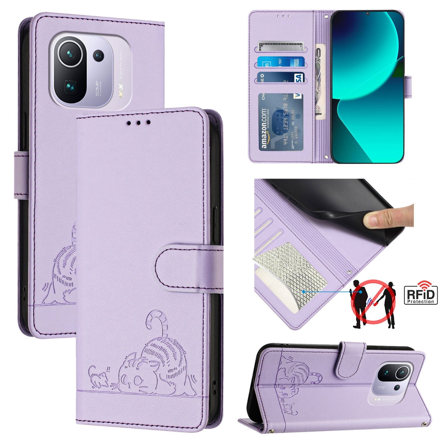 Xiaomi Mi 11 Pro Cat & Rat Embossed RFID Leather Case, Lanyard, Wallet, Card Slots, Kickstand, Anti-Fall, Scratch-Resistant