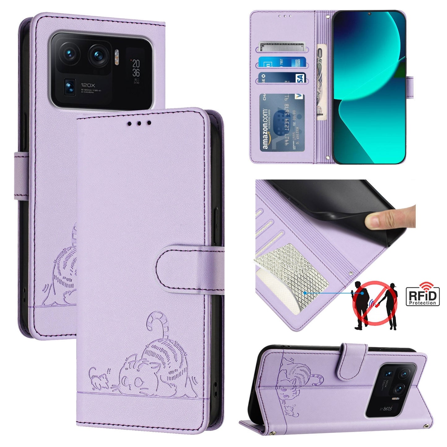 Xiaomi Mi 11 Ultra Cat & Rat Embossed RFID Leather Case, Lanyard, Wallet, Card Slots, Kickstand, Anti-Fall, Scratch-Resistant