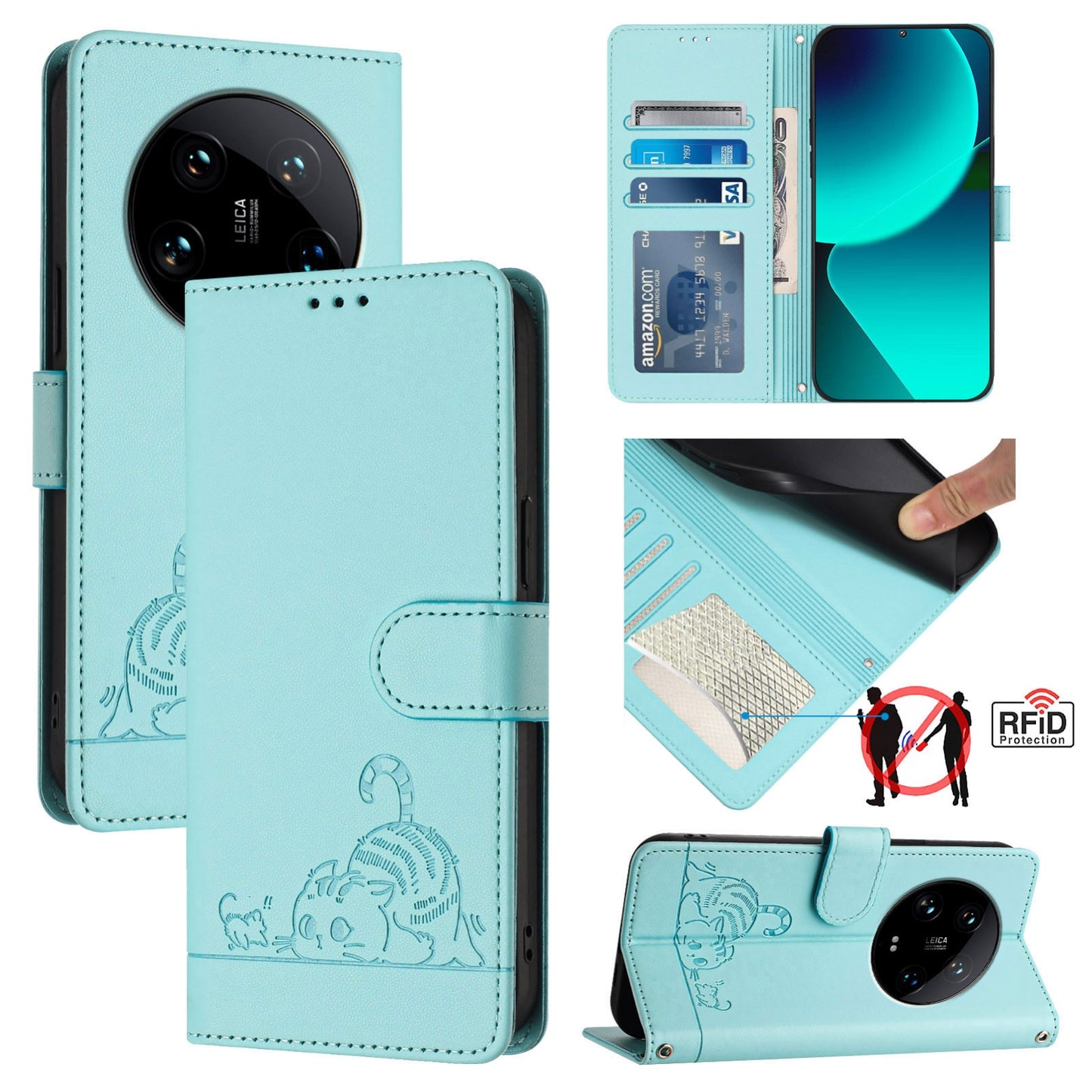 Xiaomi 14 Ultra 5G Global Cat & Rat Embossed RFID Leather Case, Lanyard, Wallet, Card Slots, Kickstand, Anti-Fall, Scratch-Resistant