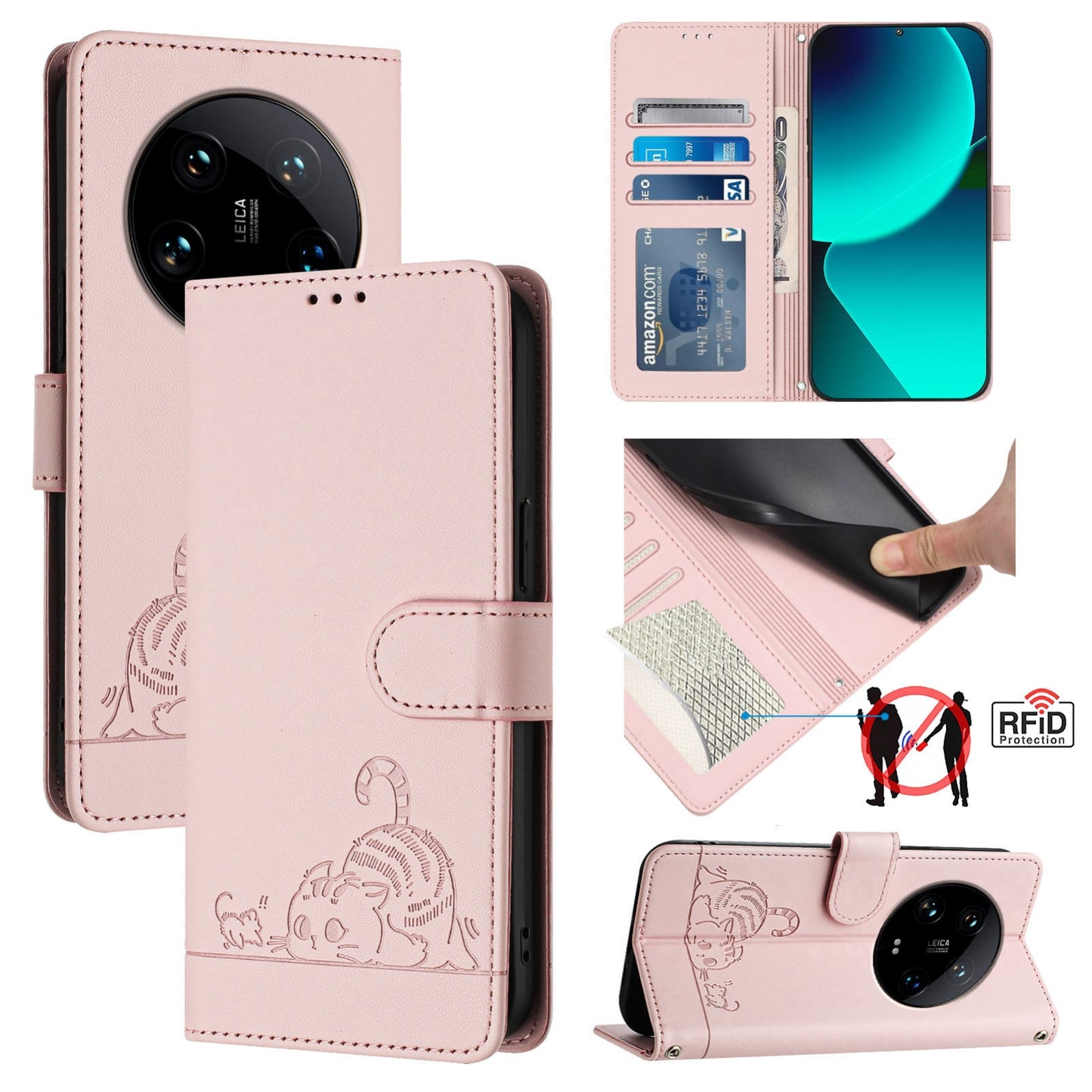 Xiaomi 14 Ultra 5G Global Cat & Rat Embossed RFID Leather Case, Lanyard, Wallet, Card Slots, Kickstand, Anti-Fall, Scratch-Resistant