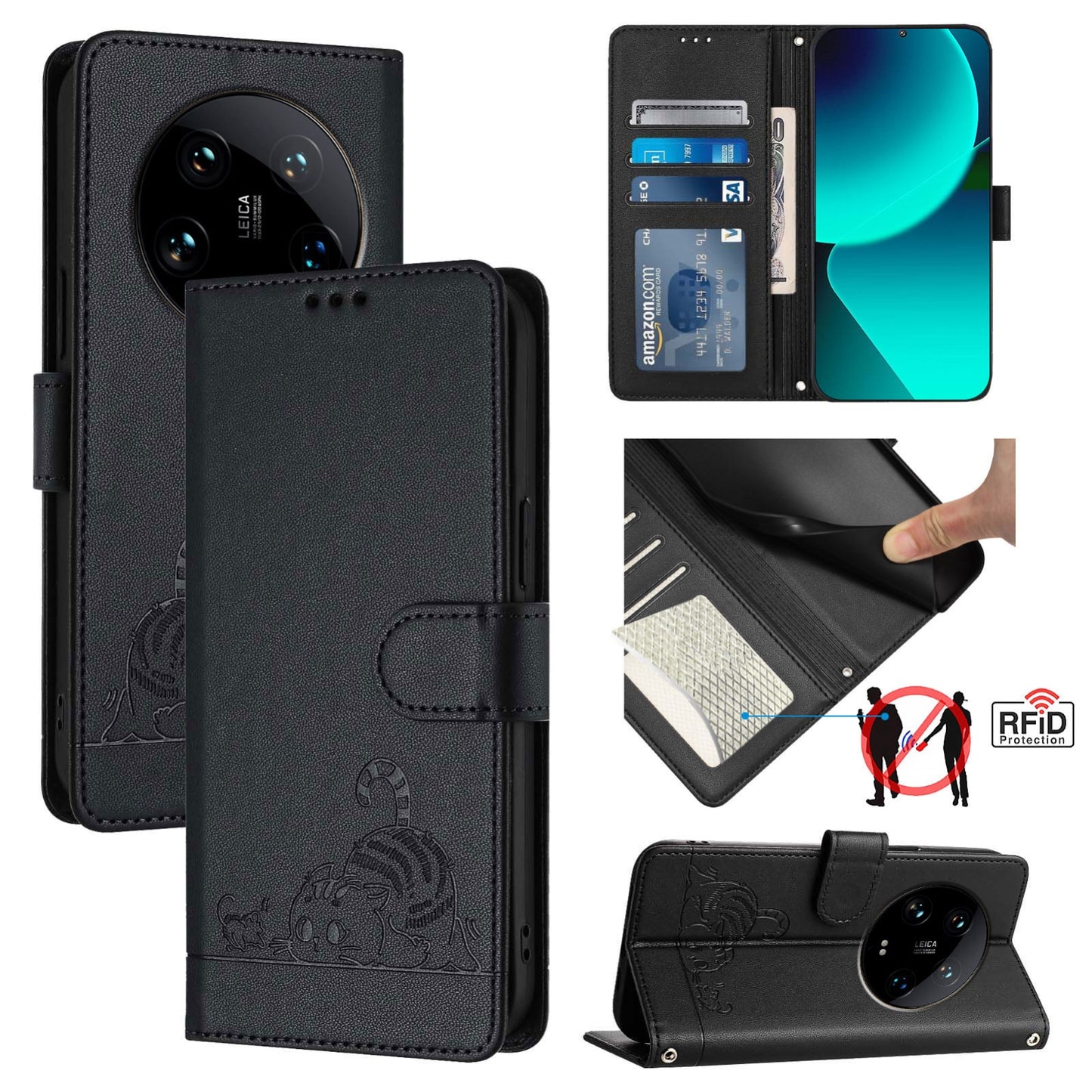 Xiaomi 14 Ultra 5G Global Cat & Rat Embossed RFID Leather Case, Lanyard, Wallet, Card Slots, Kickstand, Anti-Fall, Scratch-Resistant