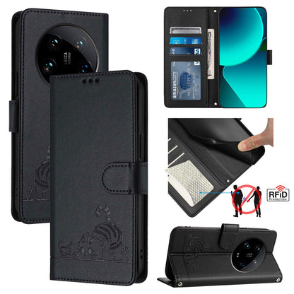 Xiaomi 14 Ultra 5G Global Cat & Rat Embossed RFID Leather Case, Lanyard, Wallet, Card Slots, Kickstand, Anti-Fall, Scratch-Resistant