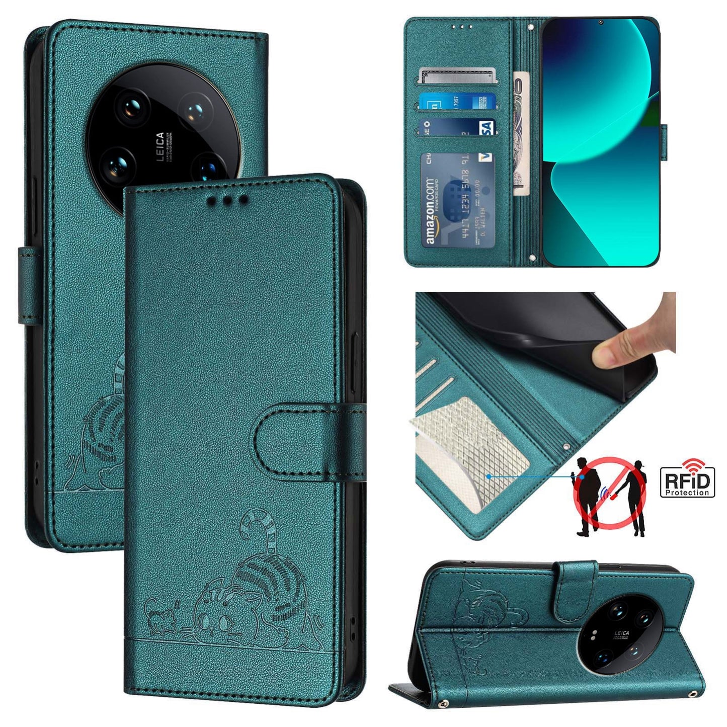 Xiaomi 14 Ultra 5G Global Cat & Rat Embossed RFID Leather Case, Lanyard, Wallet, Card Slots, Kickstand, Anti-Fall, Scratch-Resistant