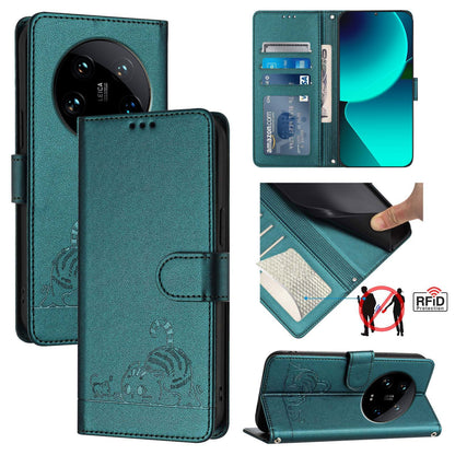 Xiaomi 14 Ultra 5G Global Cat & Rat Embossed RFID Leather Case, Lanyard, Wallet, Card Slots, Kickstand, Anti-Fall, Scratch-Resistant