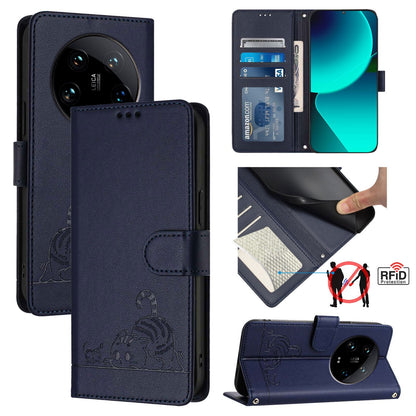 Xiaomi 14 Ultra 5G Global Cat & Rat Embossed RFID Leather Case, Lanyard, Wallet, Card Slots, Kickstand, Anti-Fall, Scratch-Resistant