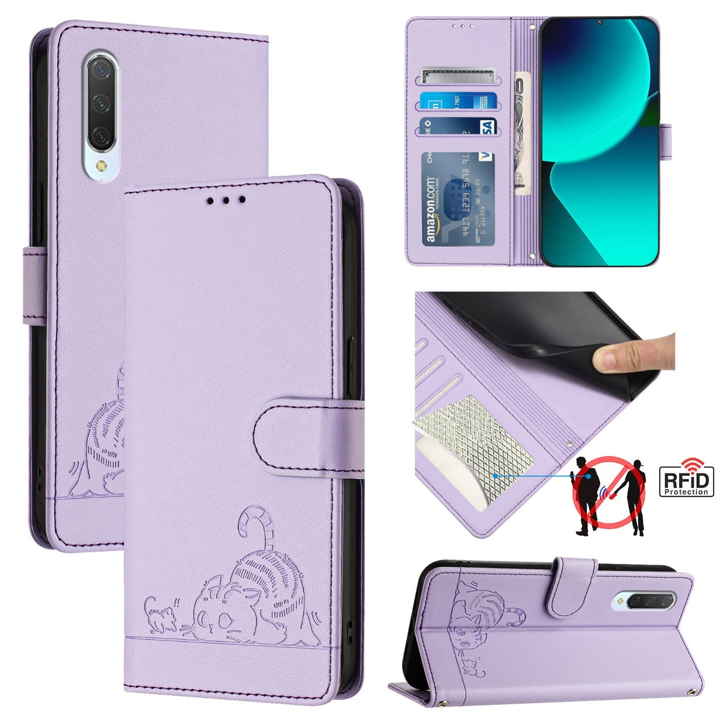 Xiaomi Mi CC9 Cat & Rat Embossed RFID Leather Case, Lanyard, Wallet, Card Slots, Kickstand, Anti-Fall, Scratch-Resistant