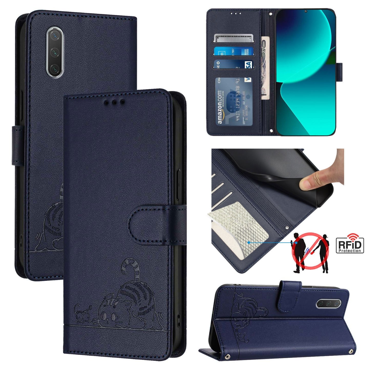 Xiaomi Mi A3 Cat & Rat Embossed RFID Leather Case, Lanyard, Wallet, Card Slots, Kickstand, Anti-Fall, Scratch-Resistant