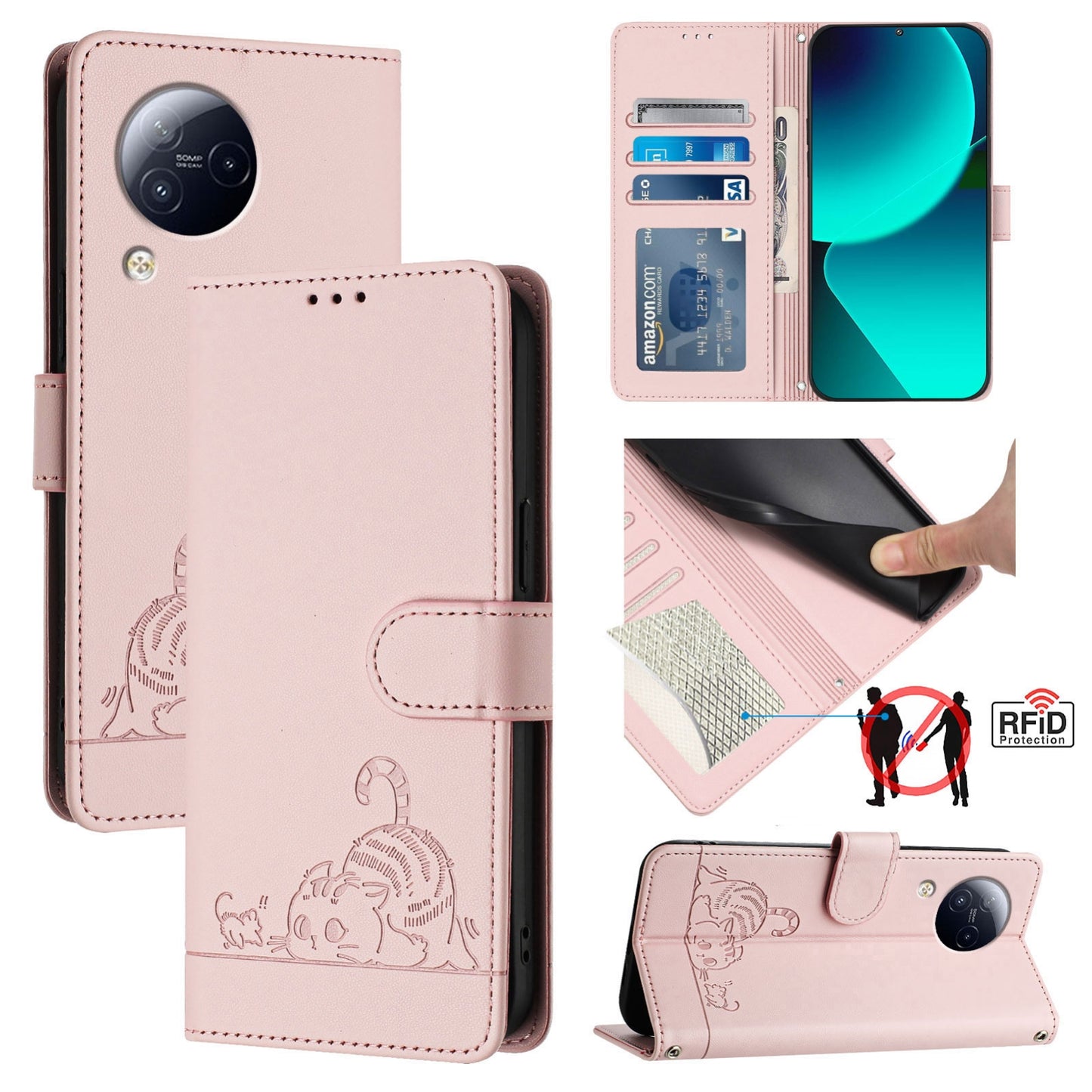 Xiaomi CIVI 3 5G Cat & Rat Embossed RFID Leather Case, Lanyard, Wallet, Card Slots, Kickstand, Anti-Fall, Scratch-Resistant