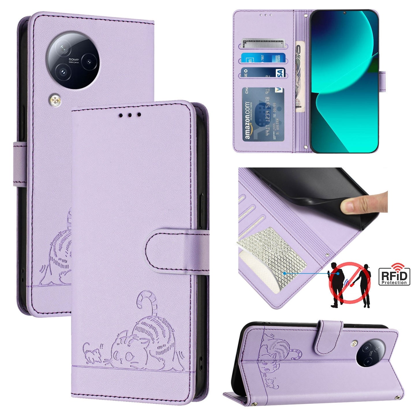Xiaomi CIVI 3 5G Cat & Rat Embossed RFID Leather Case, Lanyard, Wallet, Card Slots, Kickstand, Anti-Fall, Scratch-Resistant