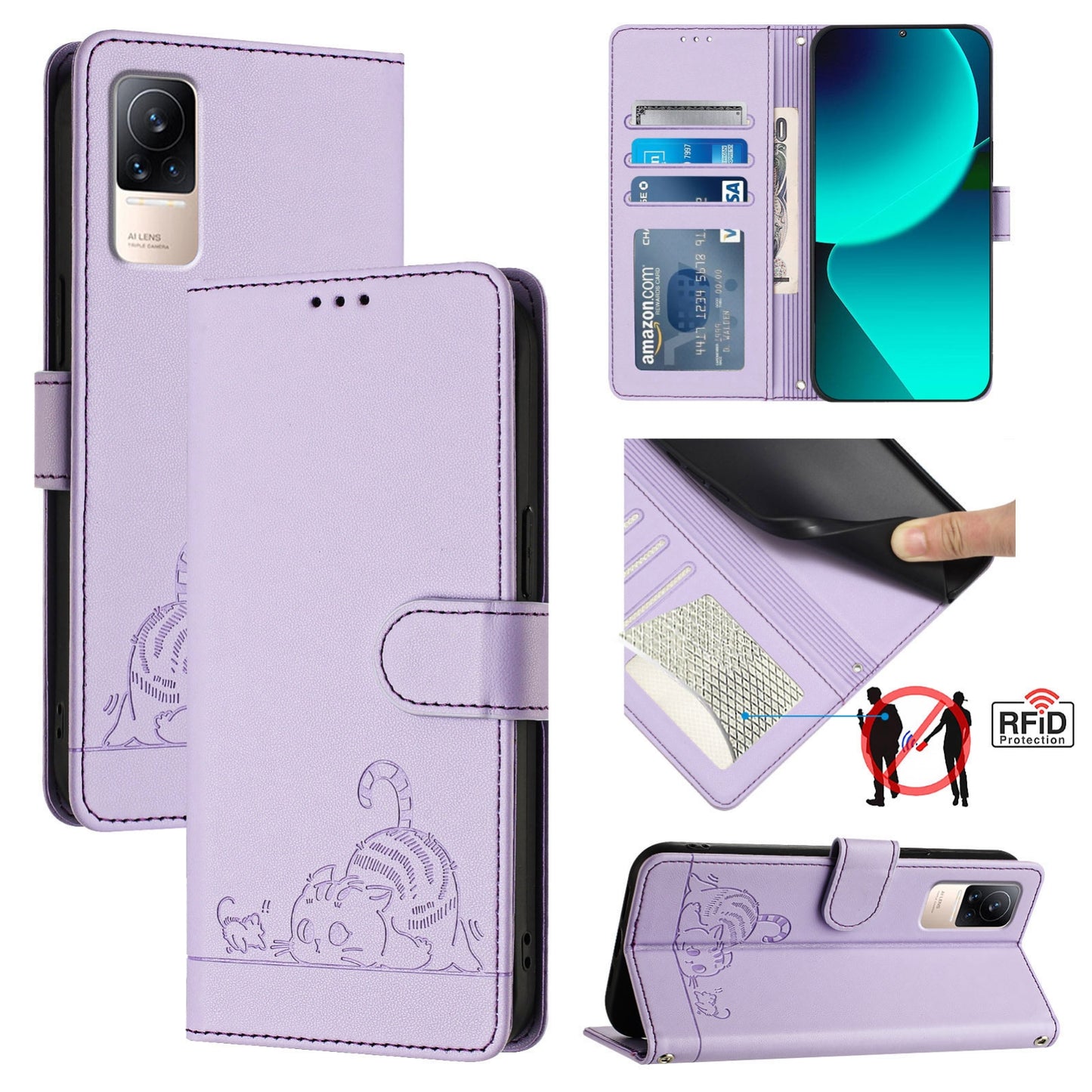 Xiaomi CIVI 1S Cat & Rat Embossed RFID Leather Case, Lanyard, Wallet, Card Slots, Kickstand, Anti-Fall, Scratch-Resistant