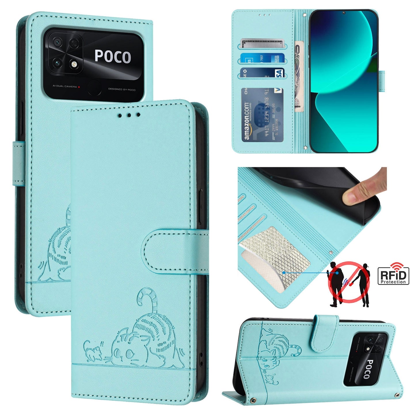 Xiaomi POCO C40 Cat & Rat Embossed RFID Leather Case, Lanyard, Wallet, Card Slots, Kickstand, Anti-Fall, Scratch-Resistant